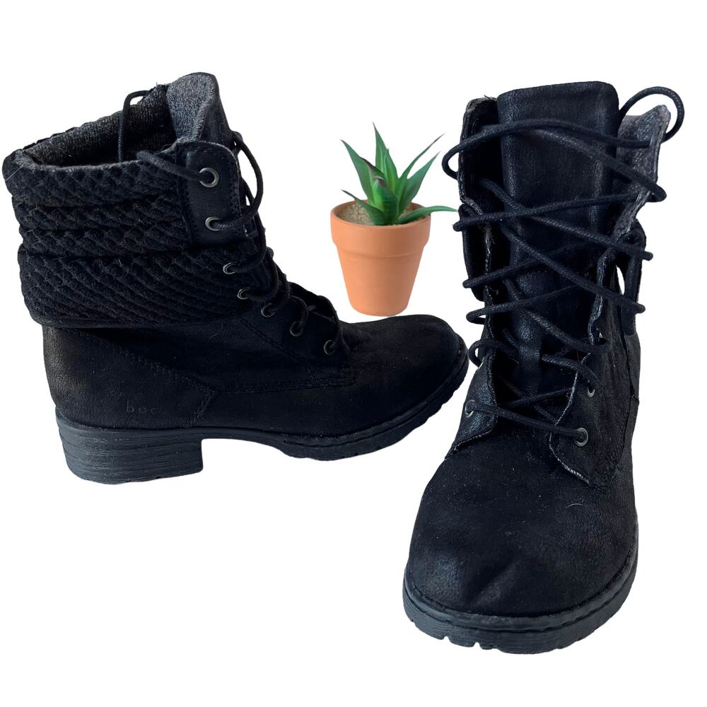 BOC Combat Womens Boots Size 6M Y2K Knit Cuff Boho Grunge Black Stacked Heel